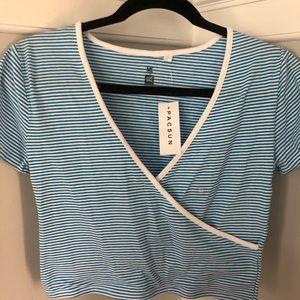 Blue and White Wrap Crop Tshirt